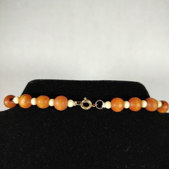 Natural Wood & Plastic Beaded Necklace SIlver Tone Metal 24" Graduated Bohemian - Picture 4 of 9